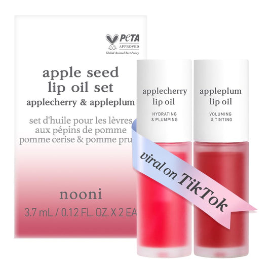 NOONI Vegan Appleseed Lip Oil Set - Applecherry & Appleplum | Long-Lasting, Moisturizing, Plumping, Revitalizing for Dry Lips, Waterproof, No Peel Off, Korean Tint, 0.12 FL Oz x 2ea